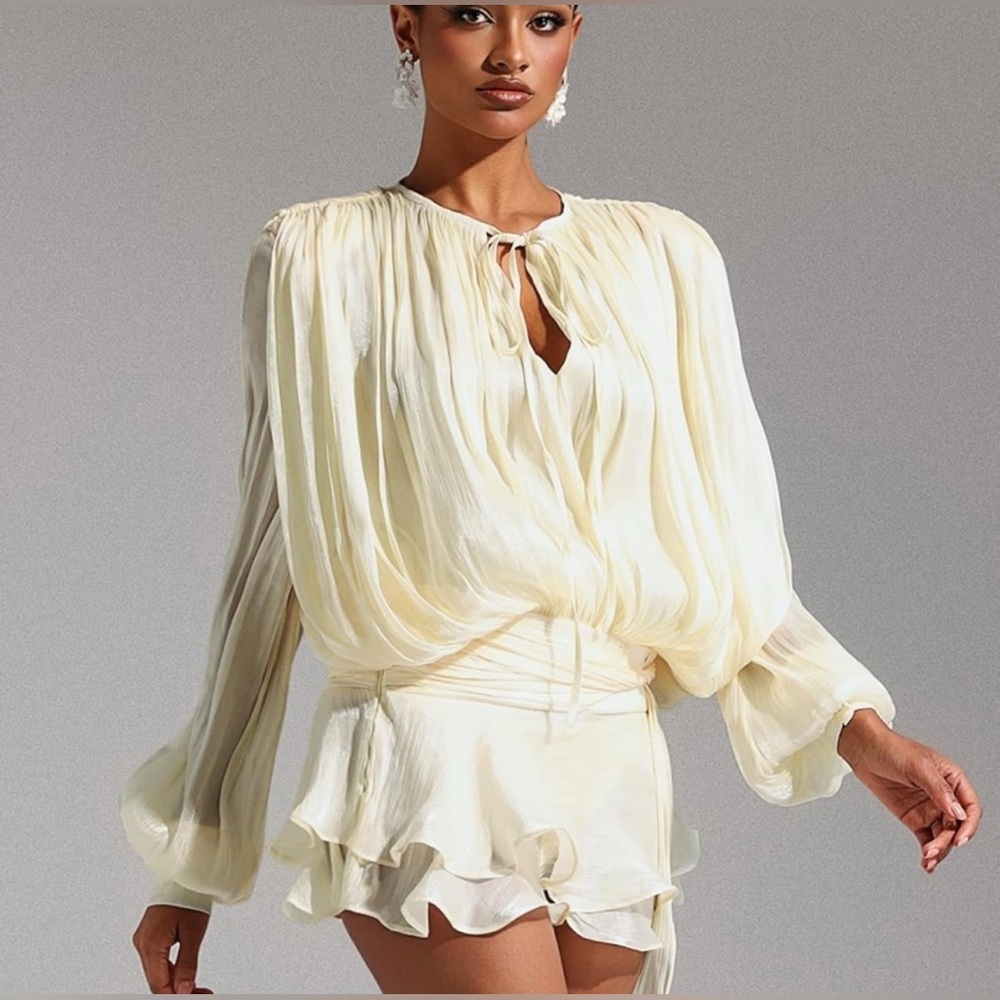 Miss Rosier EUGÉNIE NEUTRAL FULLY PLEATED RUFFLED MINI DRESS XS NWT - Picture 4 of 16